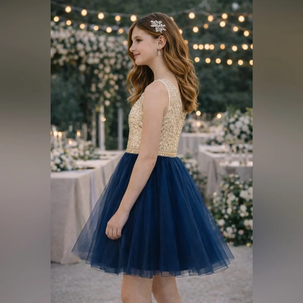 Calla Collection Navy & Gold Tween Special Occasion Dress | Beaded‎ Tulle Skirt